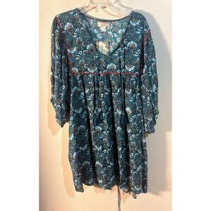 Band of the Free Teal Floral Tassel V-Neck Shift‎ Dress Women's Size L NWT